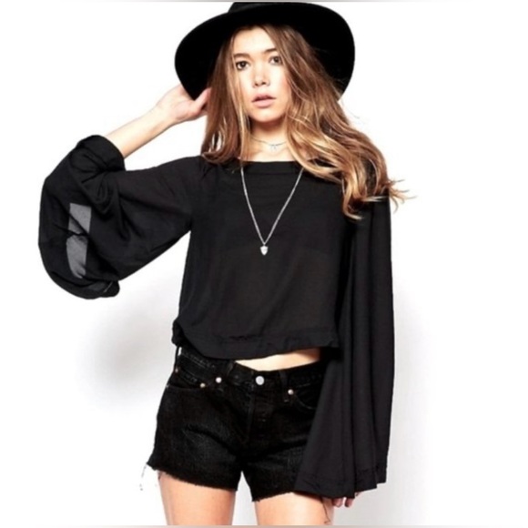 FREE PEOPLE Black Bell Sleeve Crop Top - Picture 1 of 5